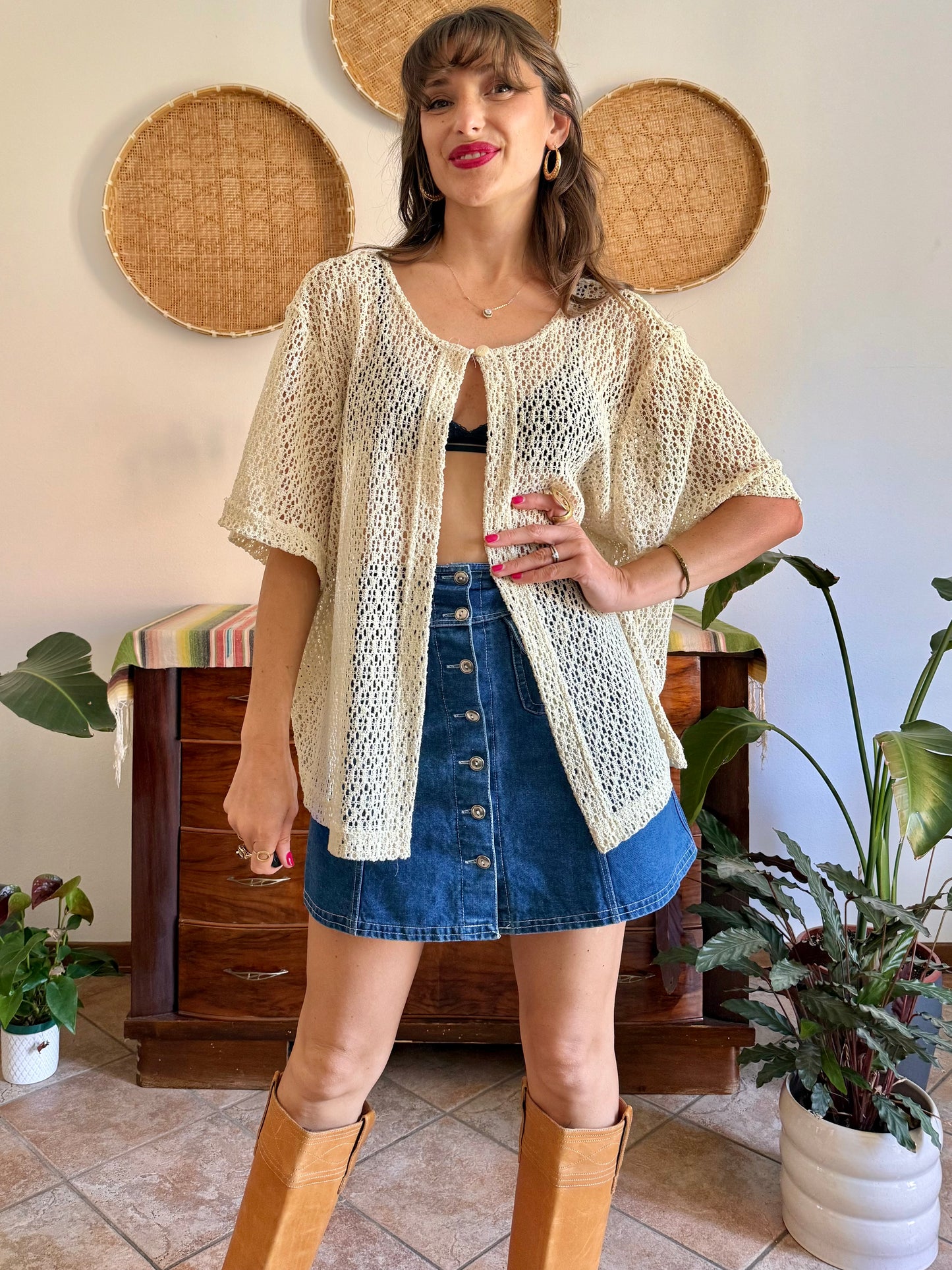 1970’s vintage oversize cream crocheted blouse