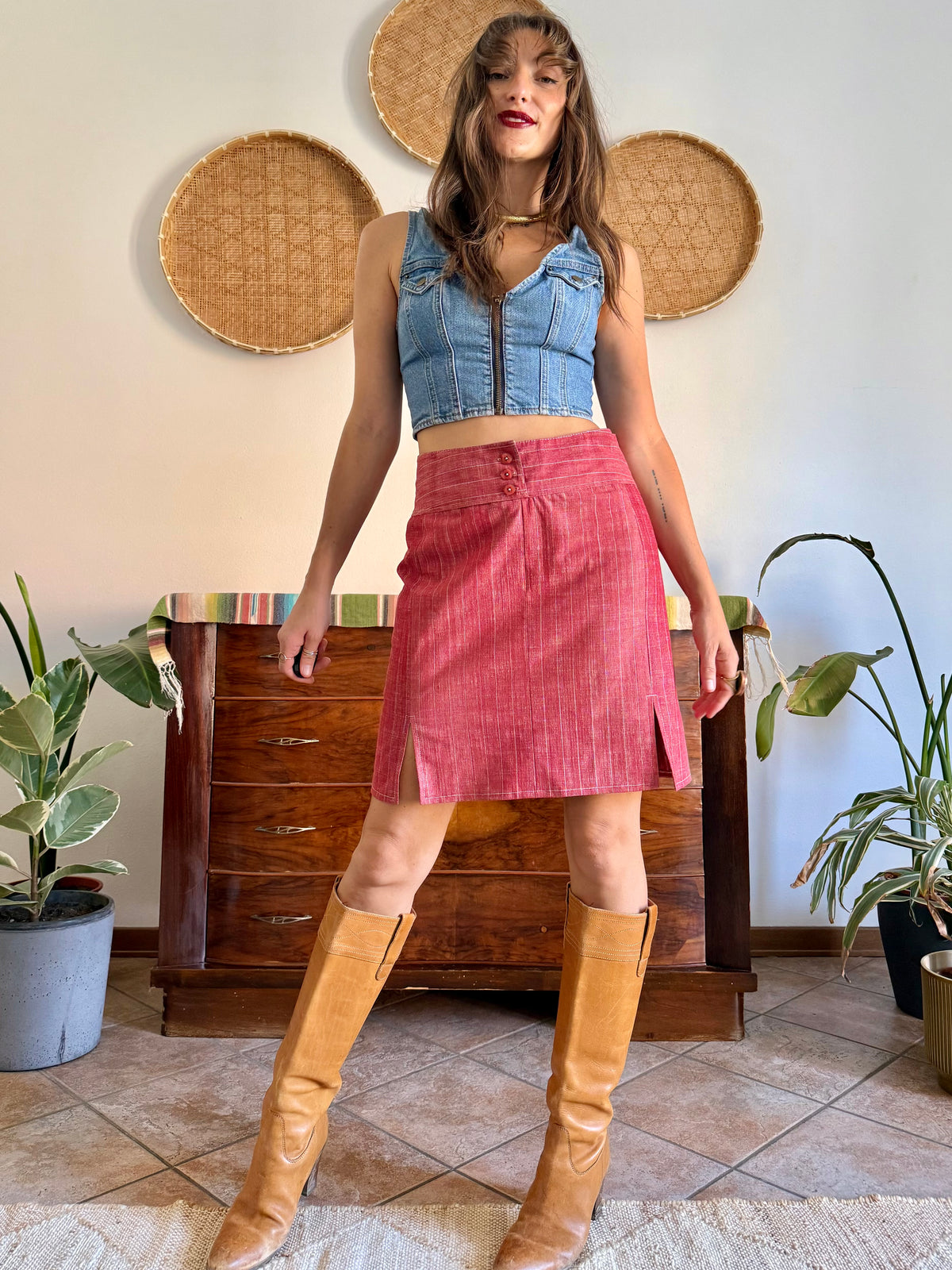1990's vintage red and white pin stripe textured mini skirt