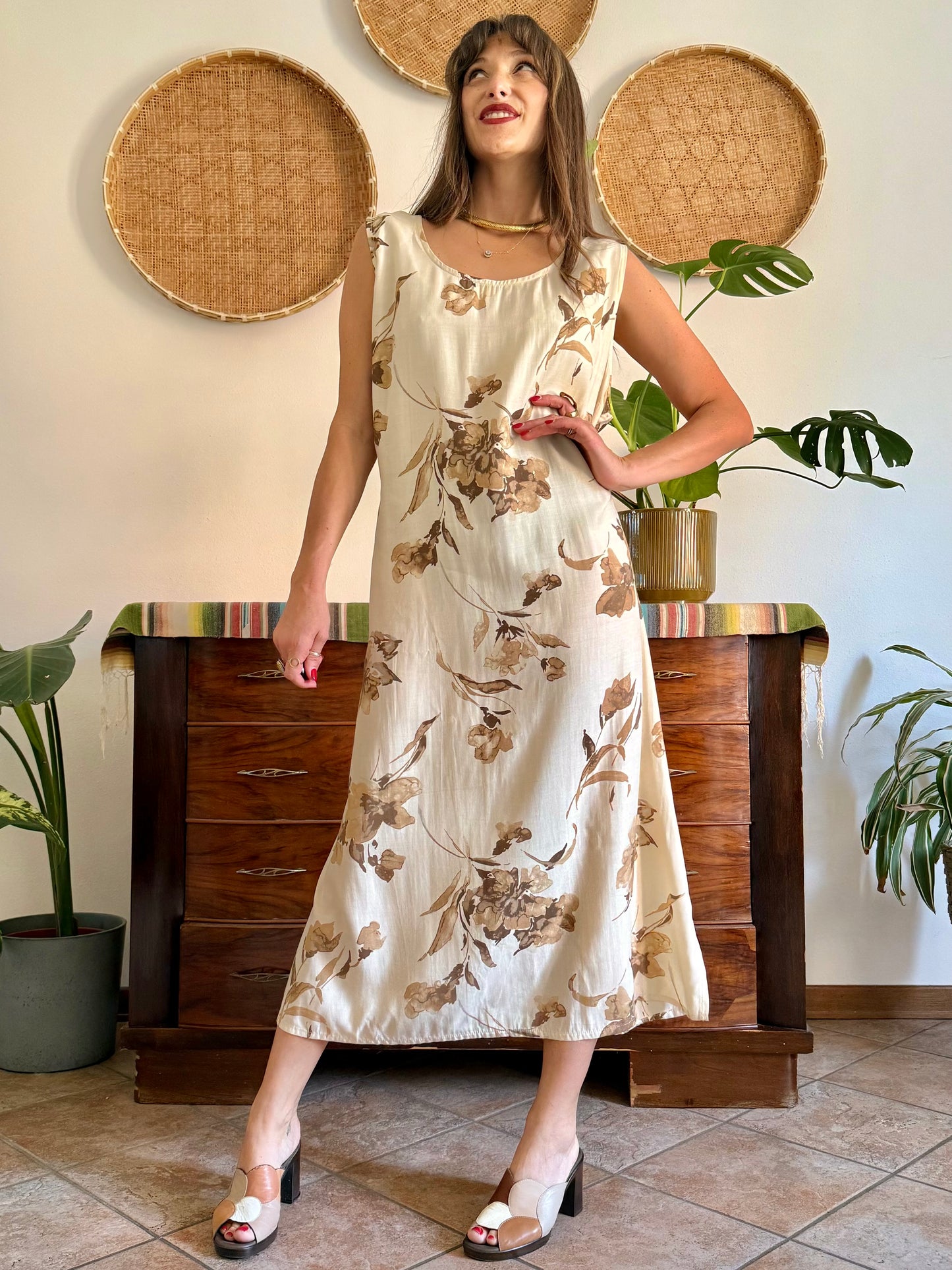 1990's vintage beige floral maxi dress with chocolate brown floral print