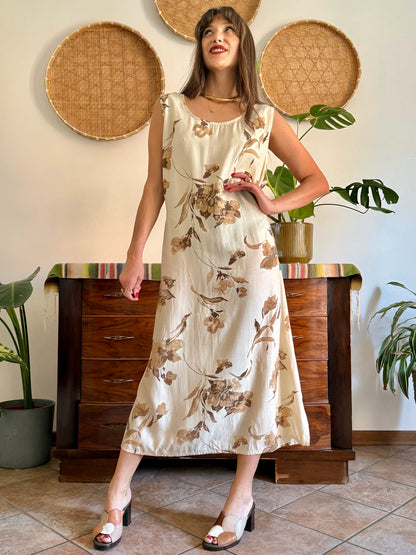 1990's vintage beige floral maxi dress with chocolate brown floral print