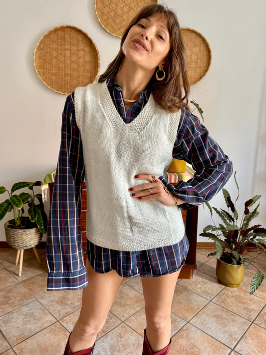1970's vintage white and grey hand knit wool vest