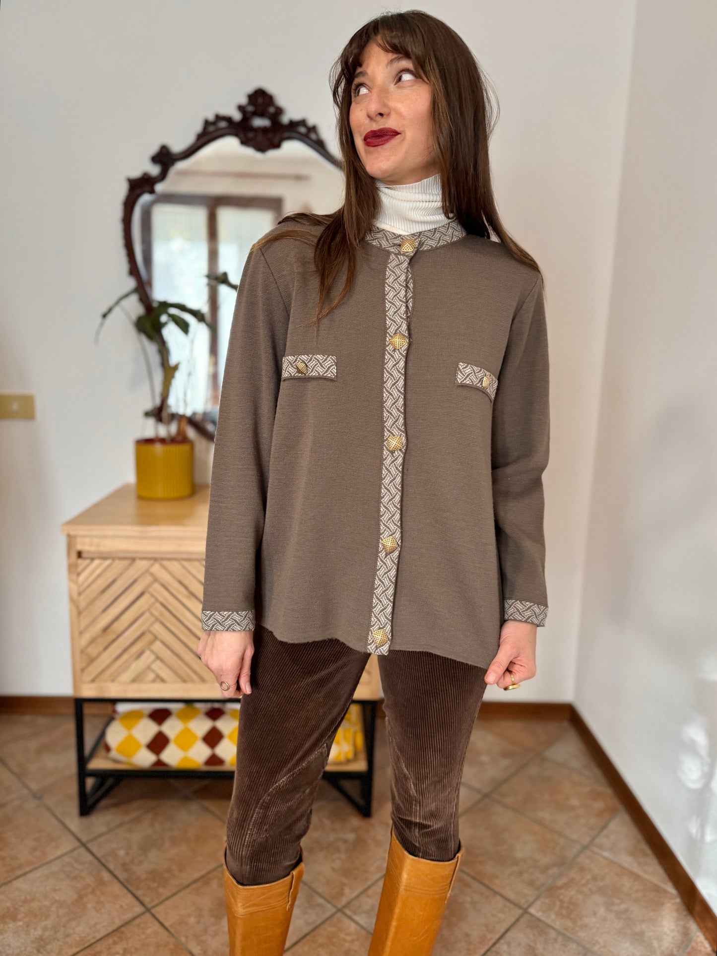 1980's vintage khaki wool cardigan with cream geometric knit pattern and square brass buttons