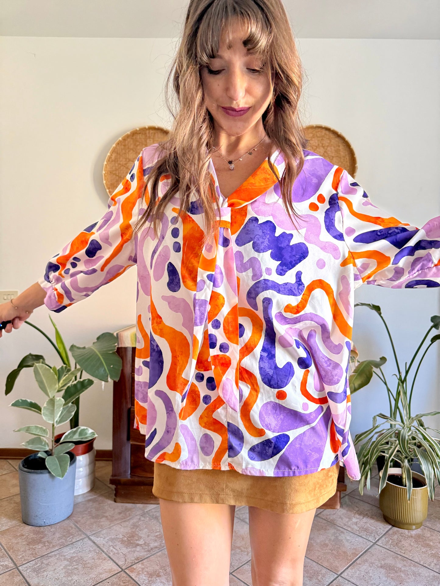 1970's vintage purple, orange and cream abstract print tie neck blouse