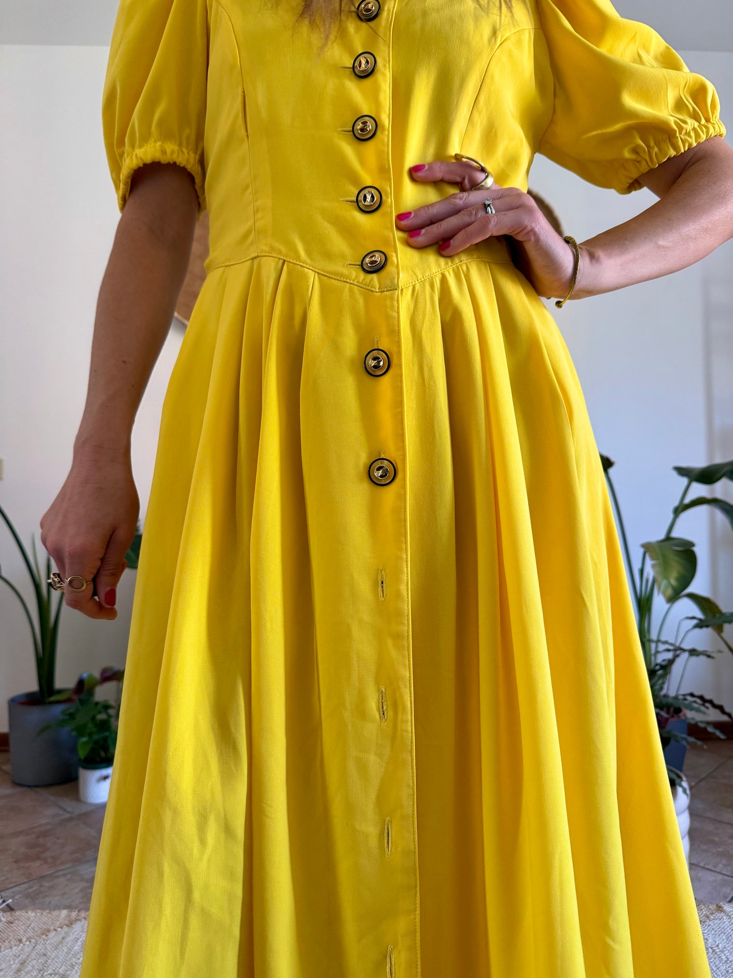 1960’s vintage canary yellow button down midi dress with black crochet detailing
