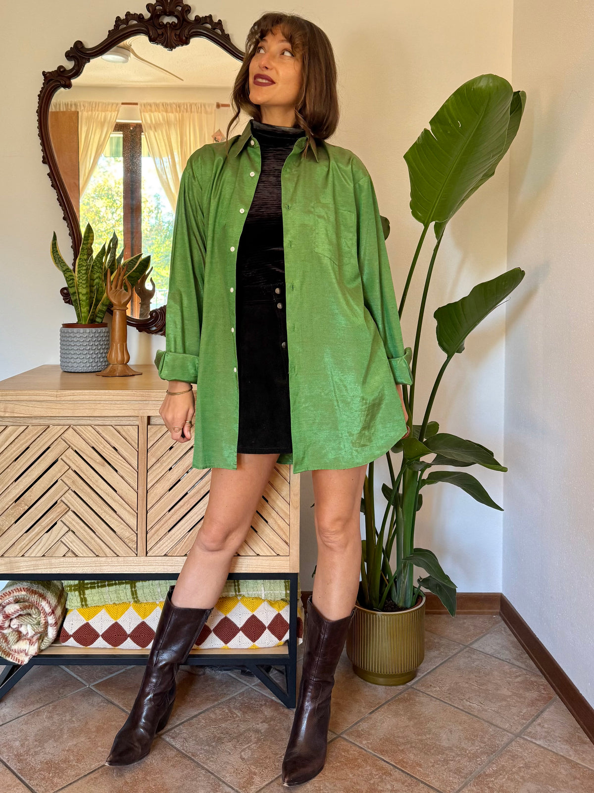 1970’s vintage oversize green and brown iridescent silk blouse