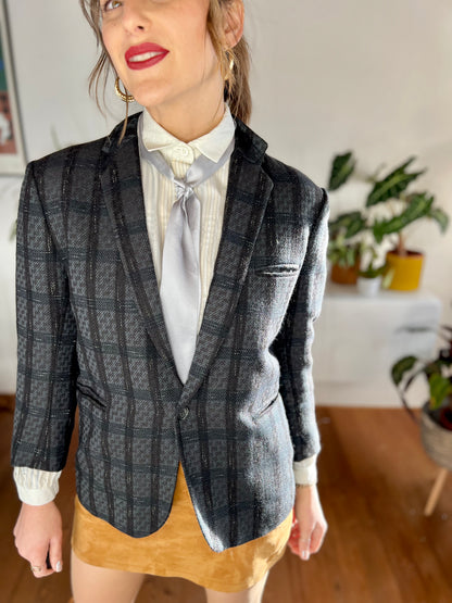 1970's black and blue tailored wool plaid blazer