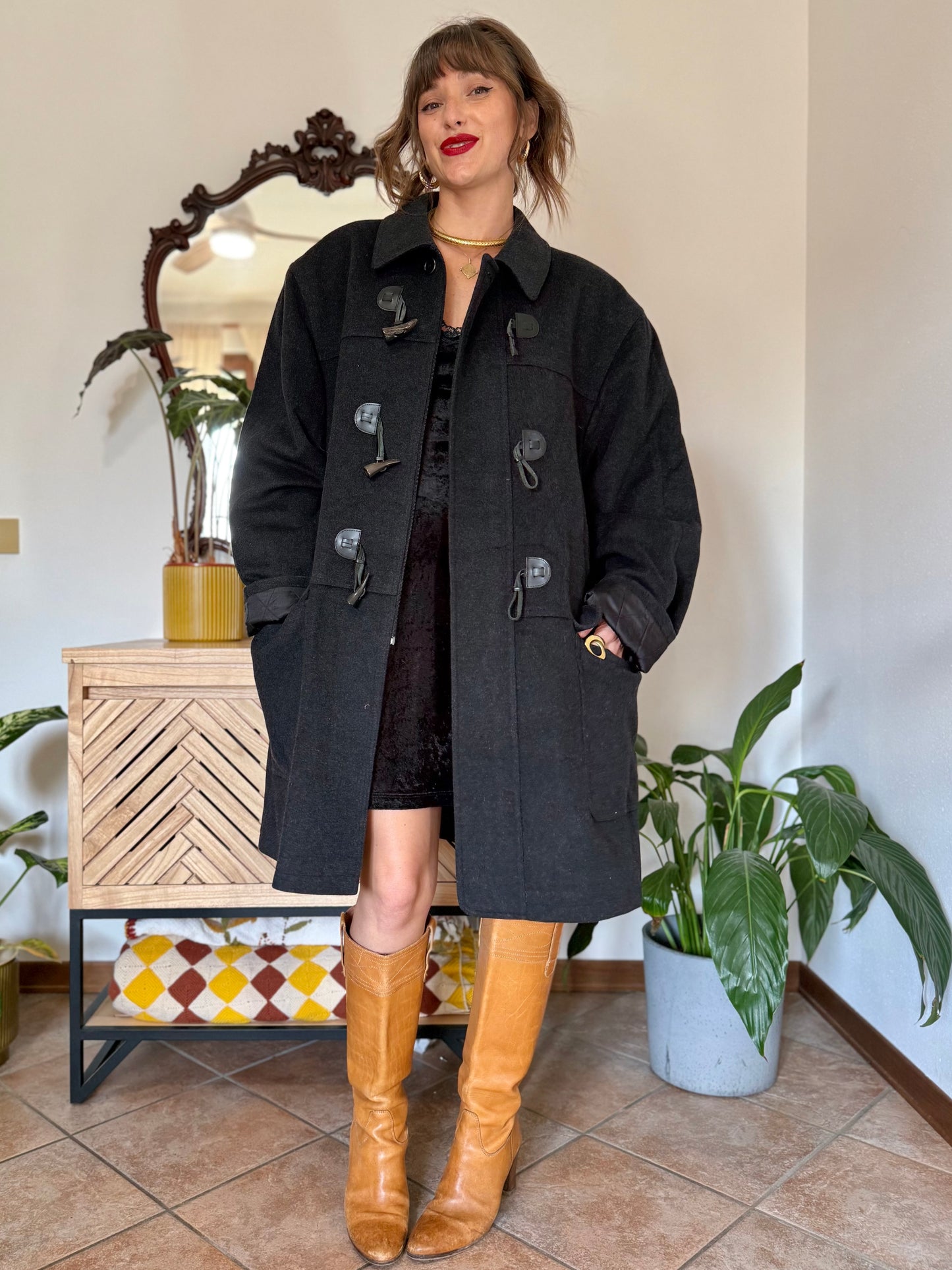 1970’s vintage charcoal grey cashmere and wool coat with toggle details