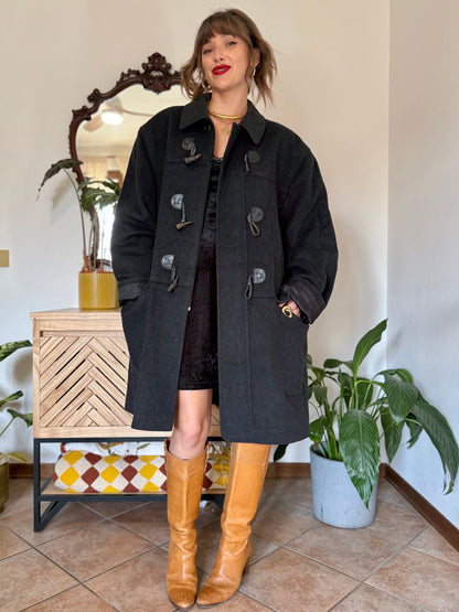 1970’s vintage charcoal grey cashmere and wool coat with toggle details