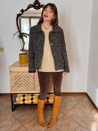 1990’s vintage black, khaki and cream boucle wool with gold and yellow glass buttons