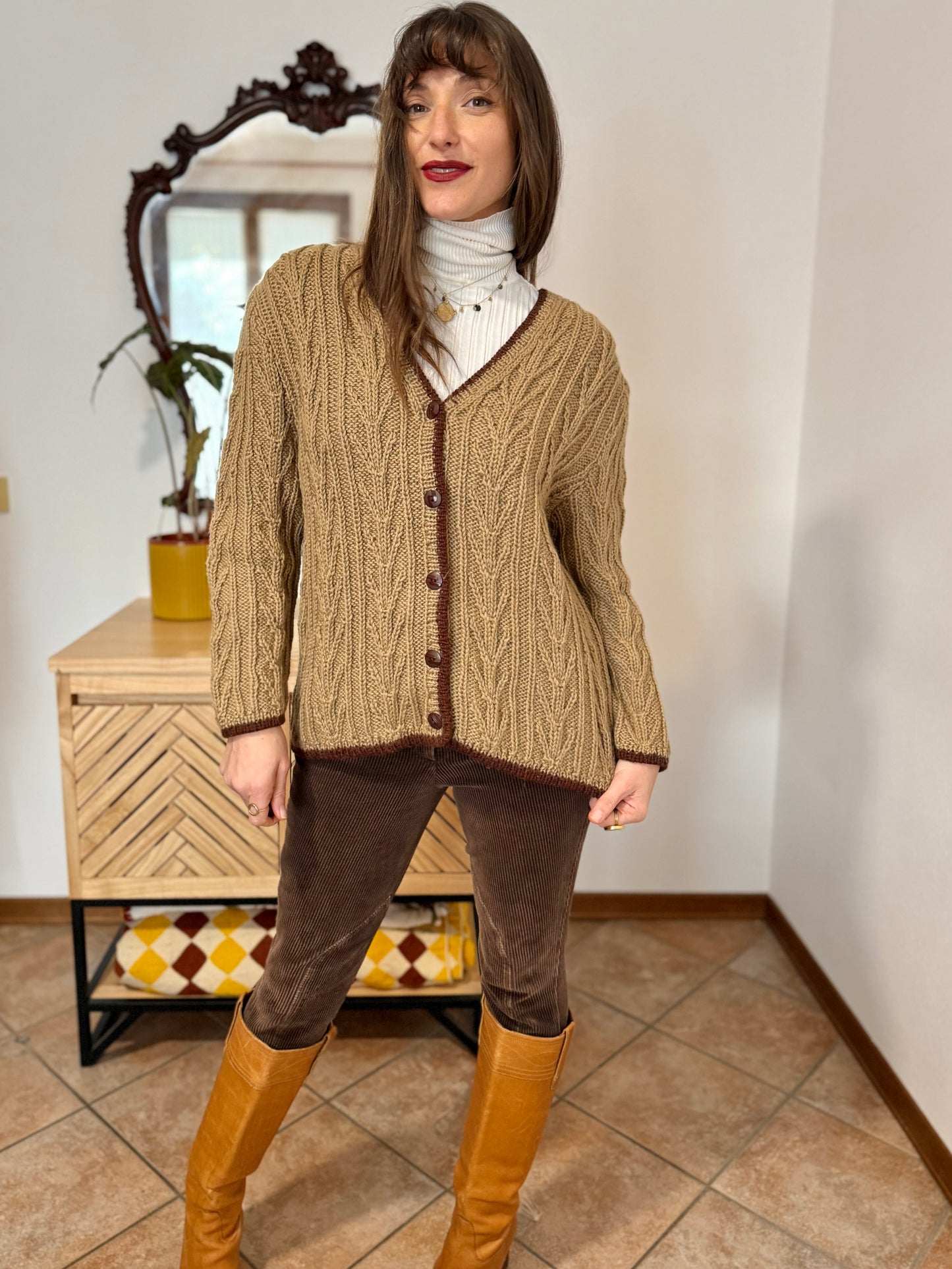 1970’s vintage tan hand knit wool cardigan with chocolate brown stitch trimming