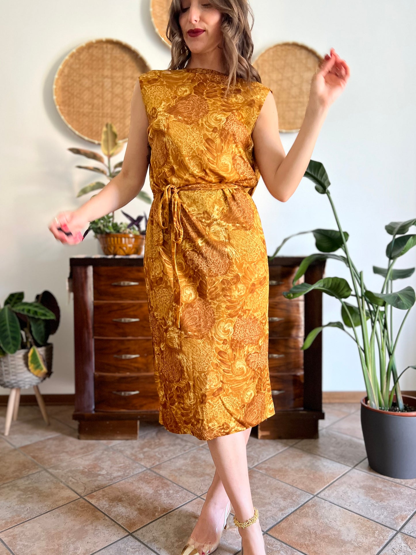 1960's vintage tan and mustard yellow floral print midi dress with cowl back