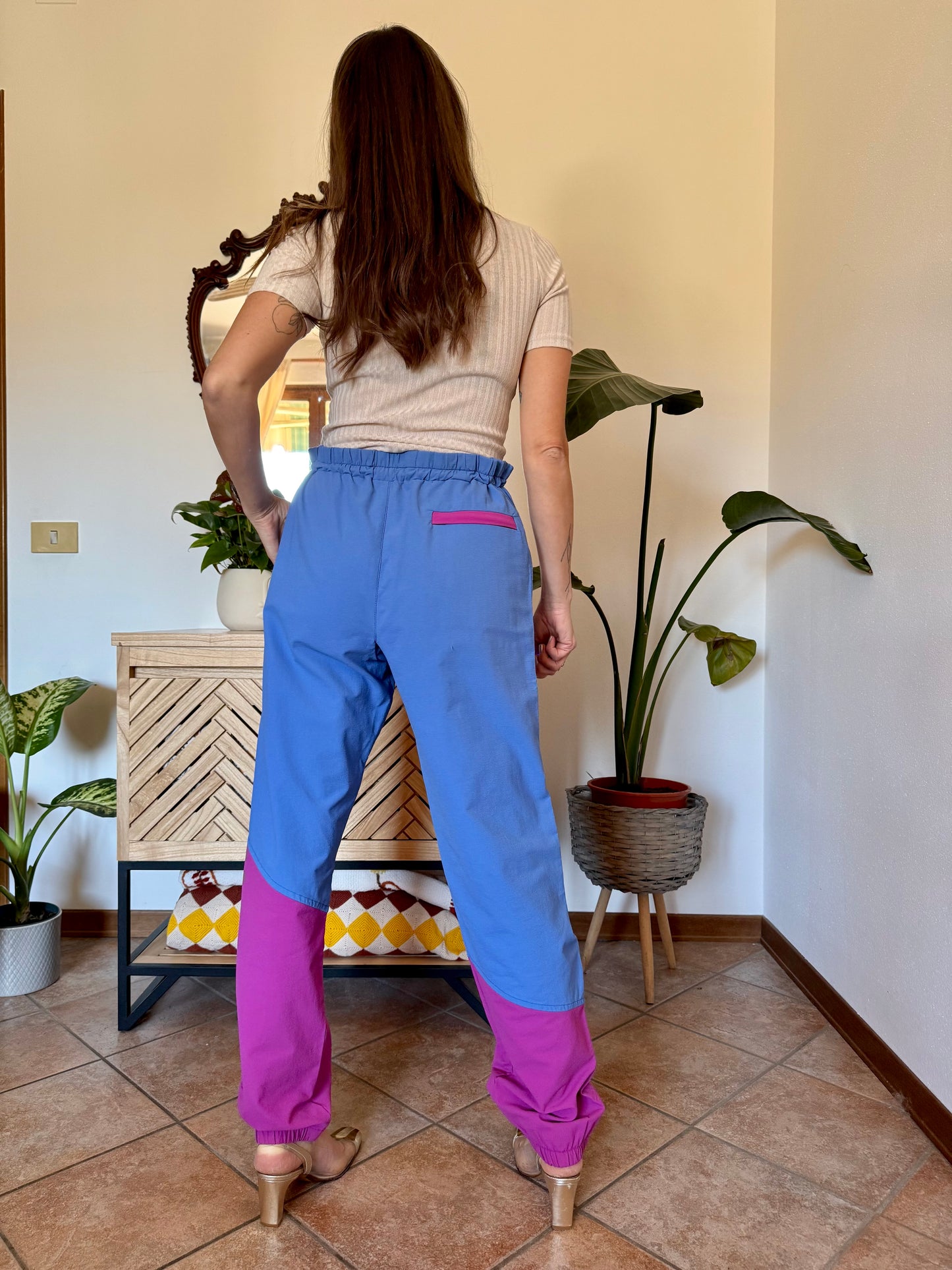 1990’s vintage blue and fuchsia wind breaker pants