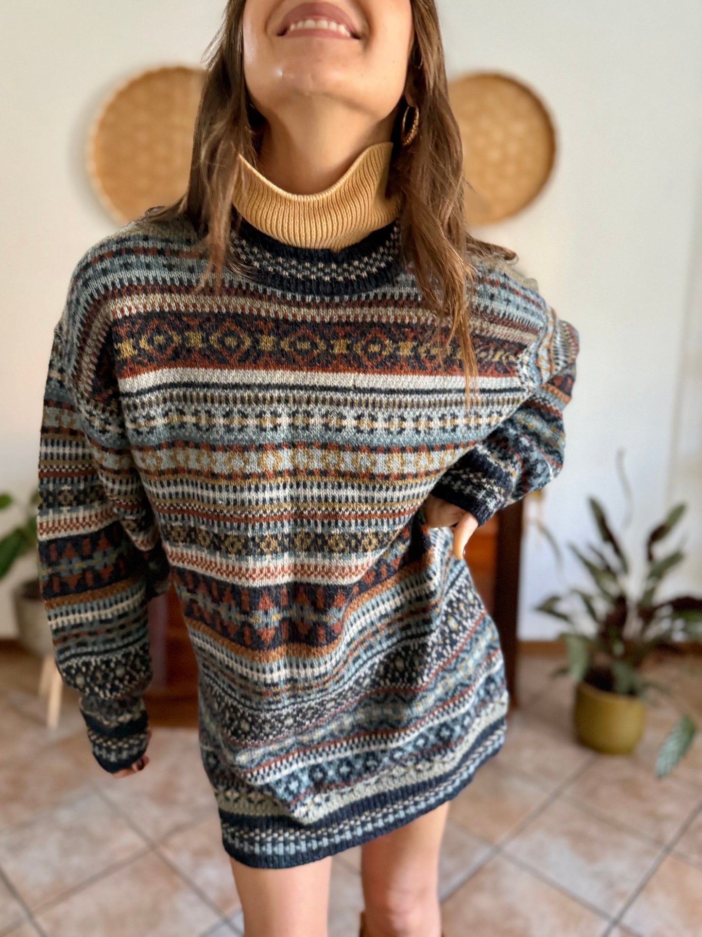 1990's vintage wool chocolate brown, navy and light blue geometric stripe knit sweater dress