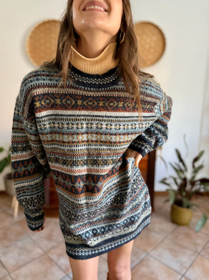 1990's vintage wool chocolate brown, navy and light blue geometric stripe knit sweater dress