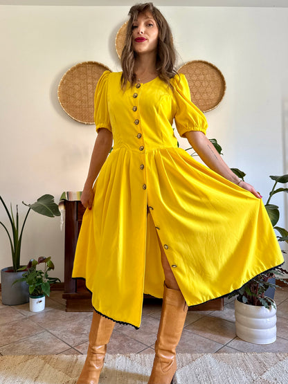 1960’s vintage canary yellow button down midi dress with black crochet detailing
