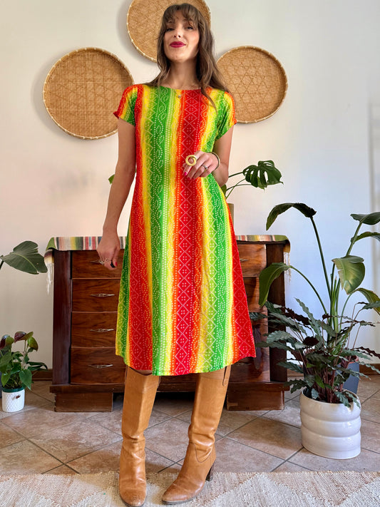 1970’s vintage multicolour tie die effect midi dress