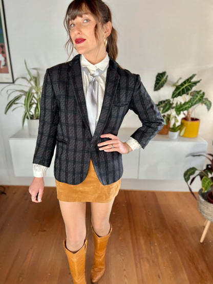 1970's black and blue tailored wool plaid blazer