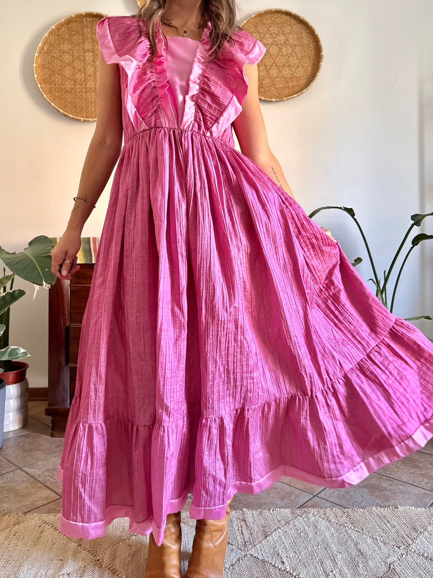 1970’s vintage metallic textured pink maxi prairie dress with satin ruffle details