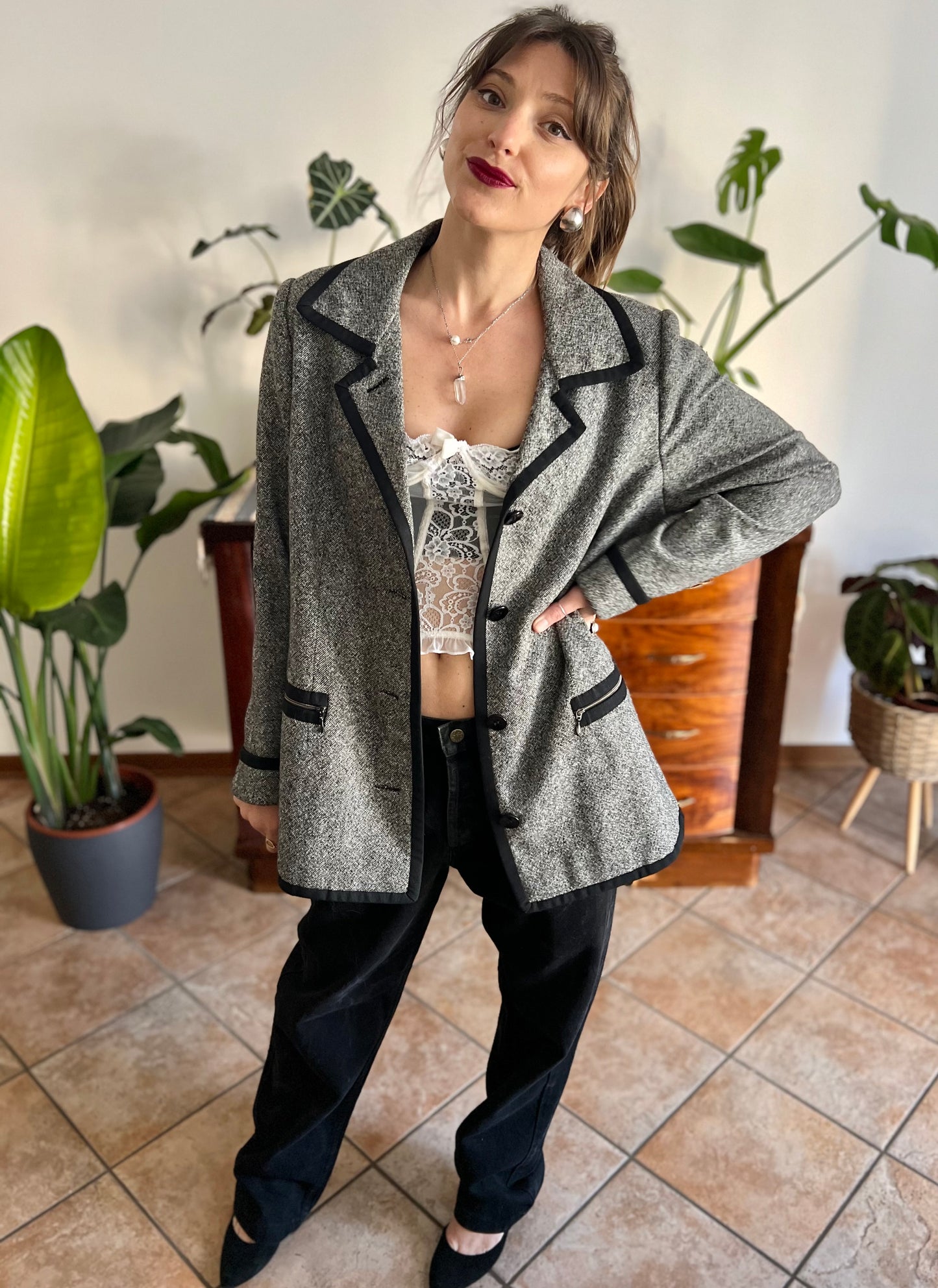 1990's vintage grey tweed oversize blazer with black trim