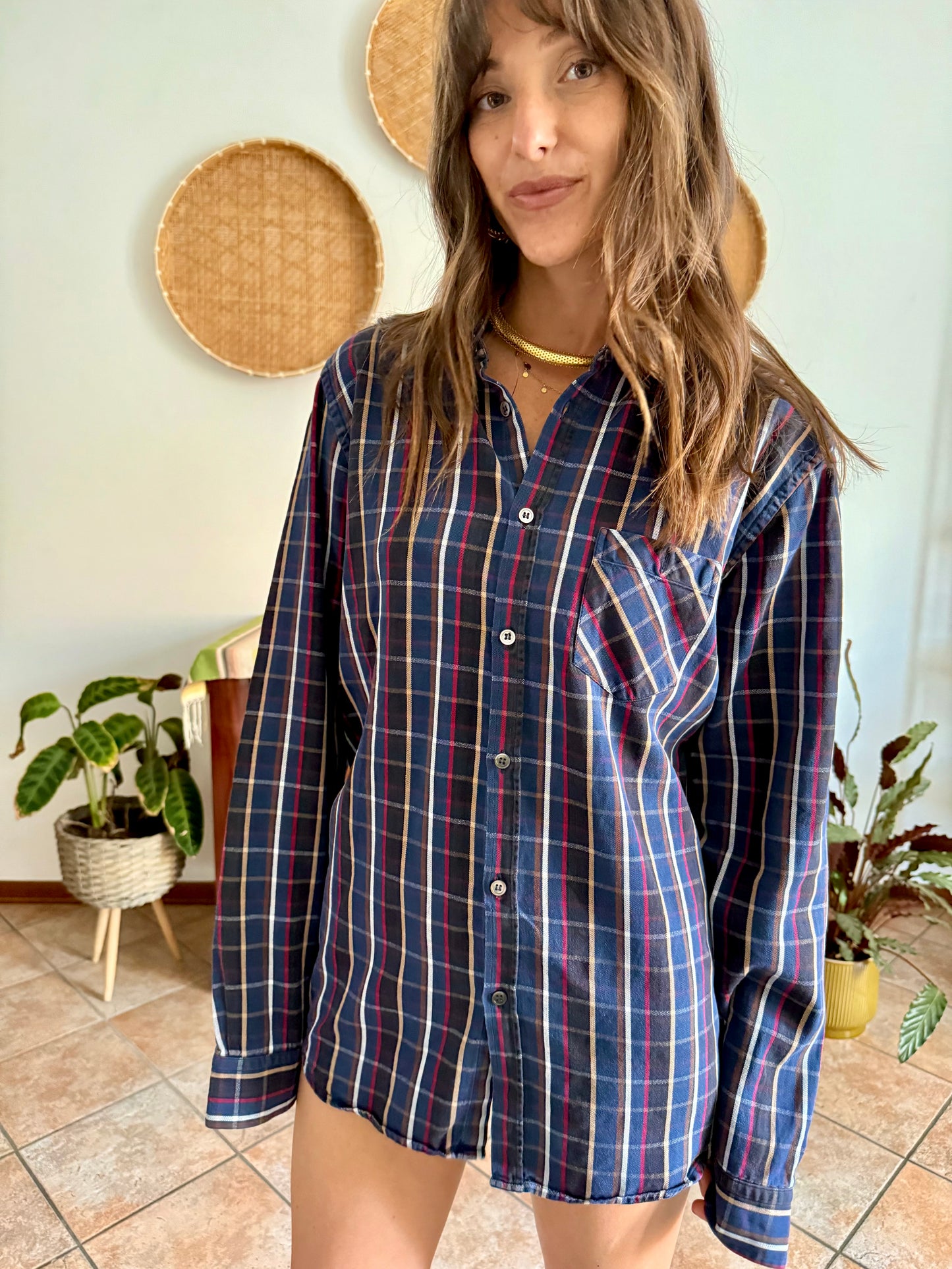 1970's vintage navy blue and chocolate brown plaid shirt