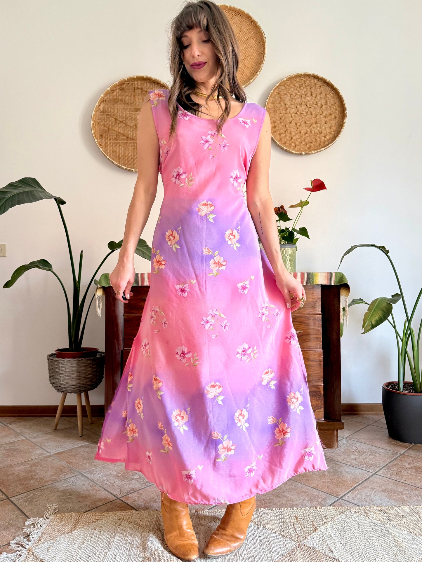 Y2K vintage lilac and pink semi sheer floral maxi dress