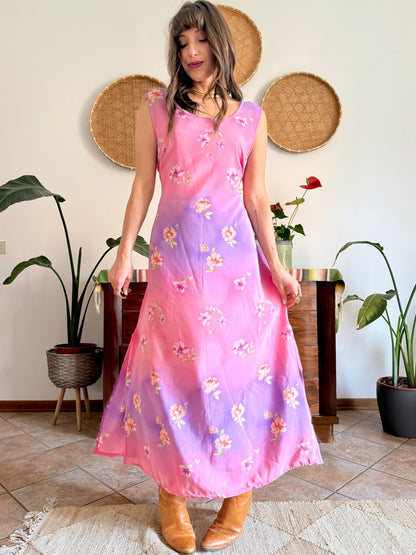 Y2K vintage lilac and pink semi sheer floral maxi dress