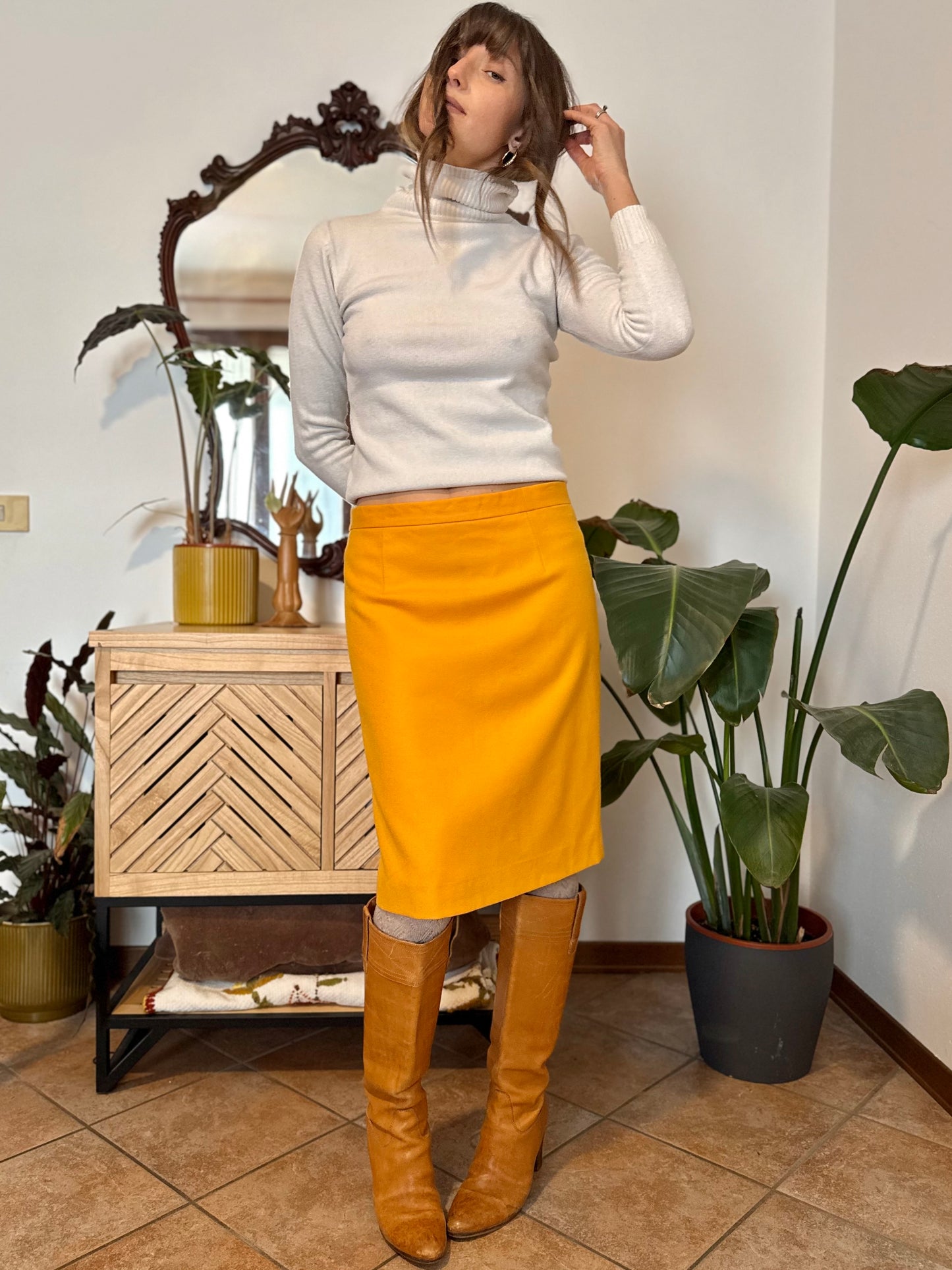 1970's vintage mustard yellow wool midi skirt