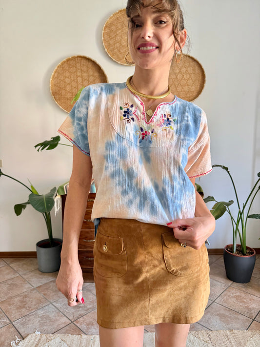 1970’s vintage hand tie dyed blouse with multicolor floral embroidery