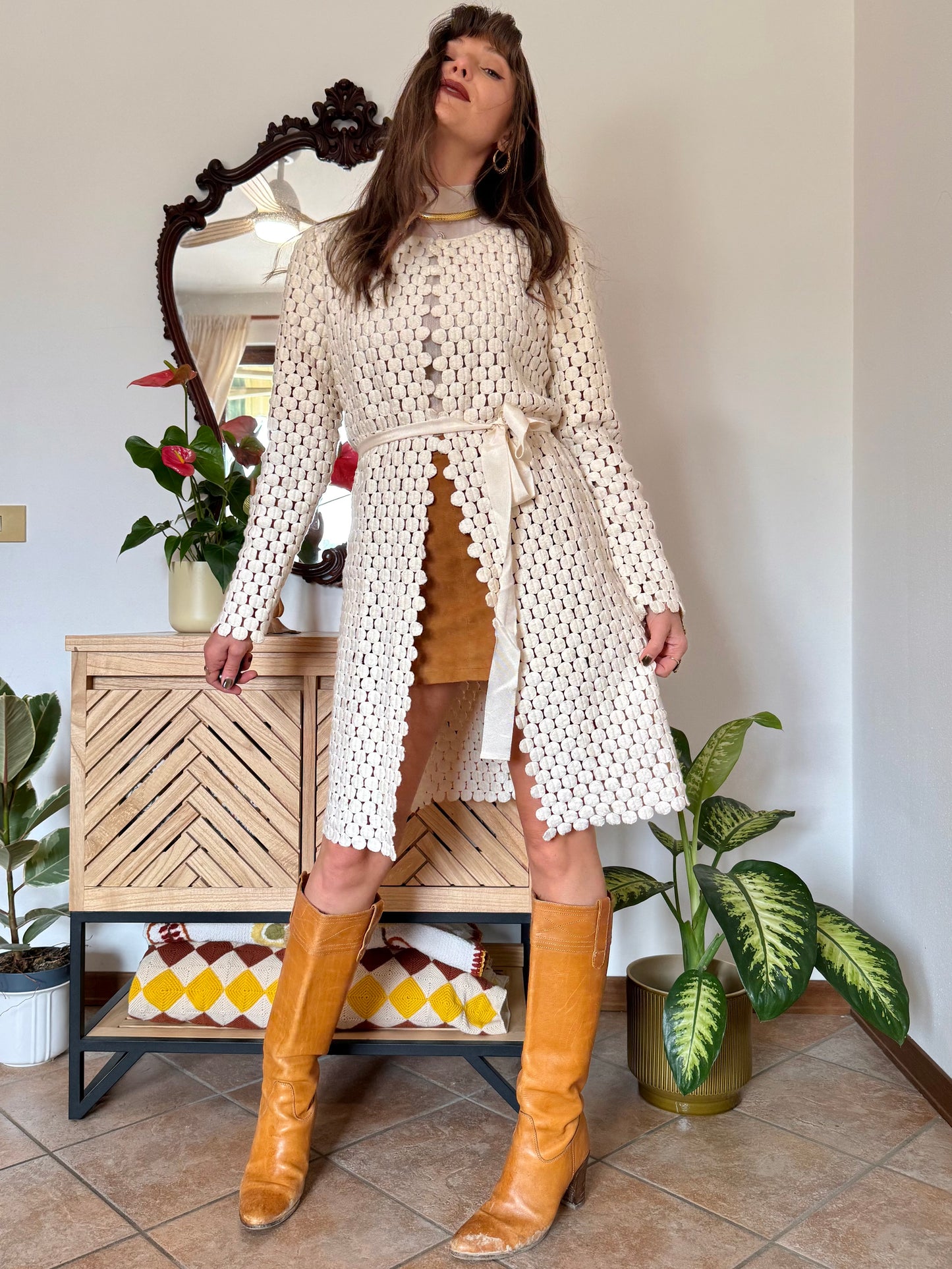 1970’s vintage cream crochet polka dot coat