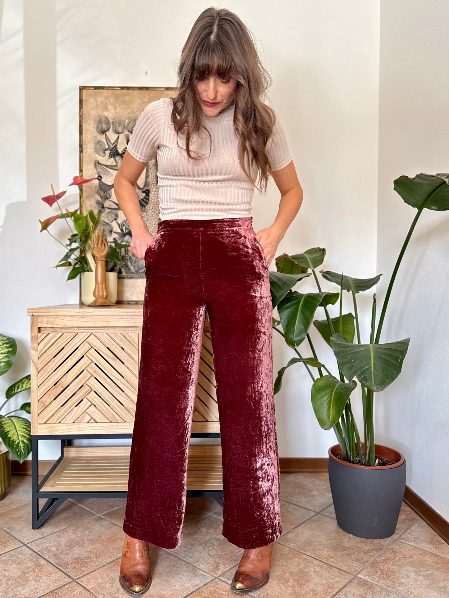 Burgundy crushed velvet wide leg trousers