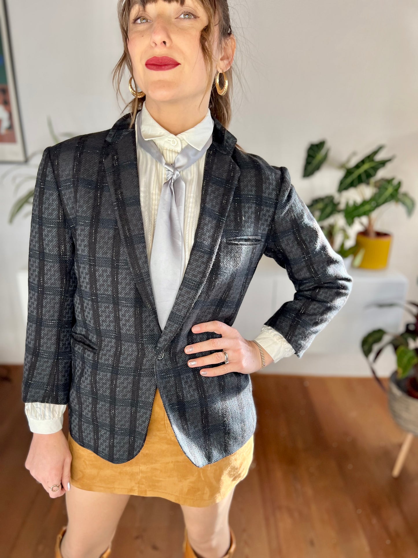 1970's black and blue tailored wool plaid blazer