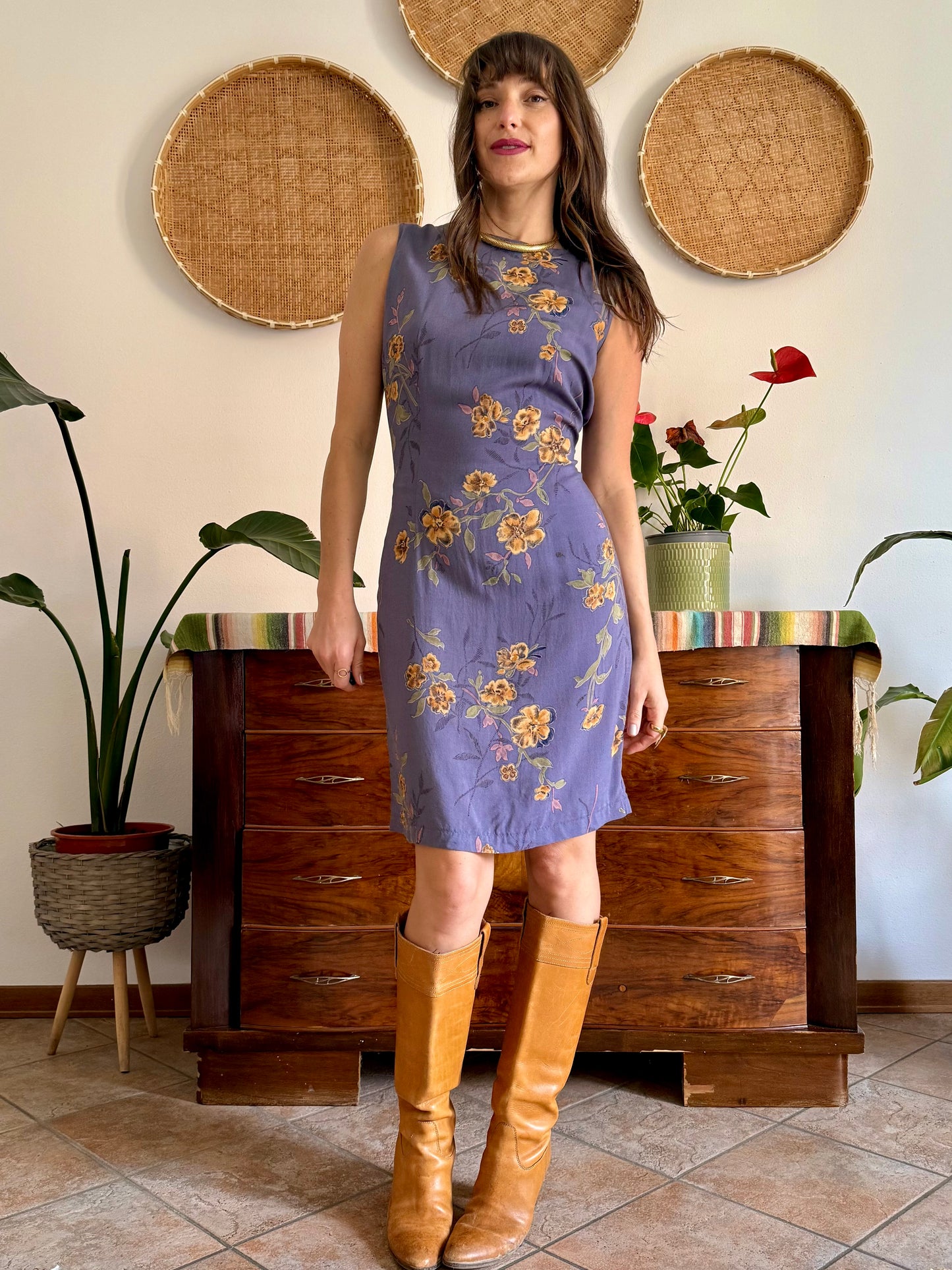 1990’s vintage purple midi shift dress with yellow and orange floral pattern