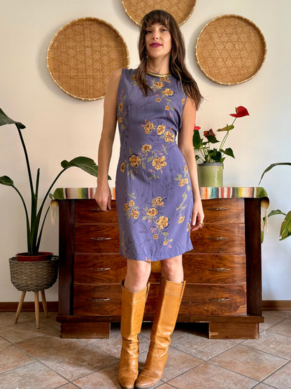 1990’s vintage purple midi shift dress with yellow and orange floral pattern