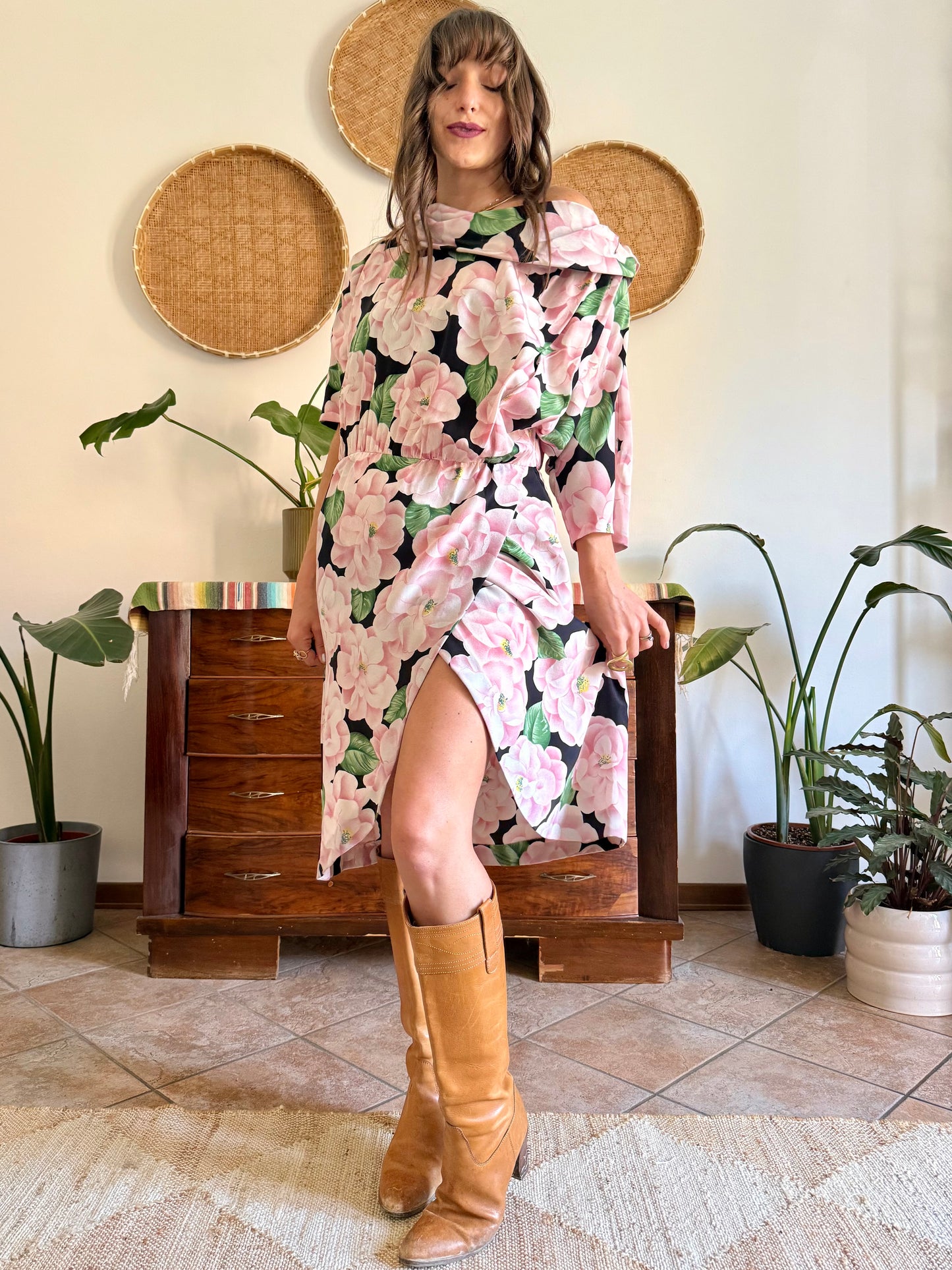1960’s vintage pink, green and black silk floral print dress