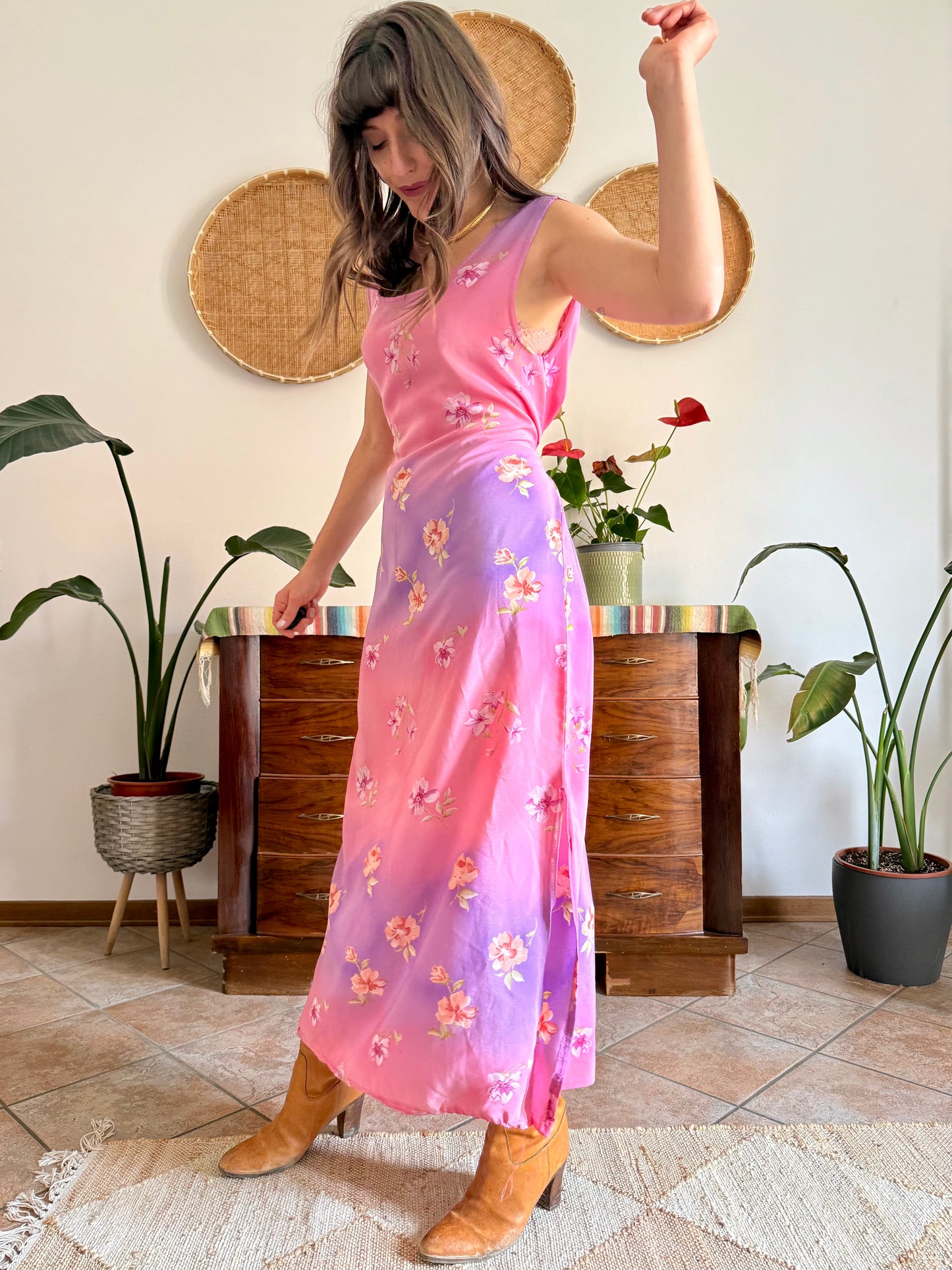 Y2K vintage lilac and pink semi sheer floral maxi dress