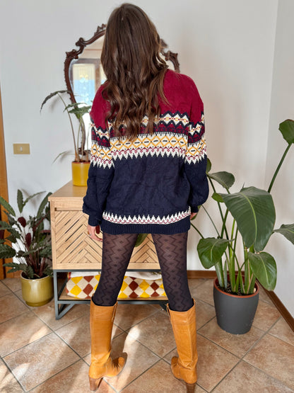 1980's vintage burgundy, navy and mustard yellow knit pullover dress