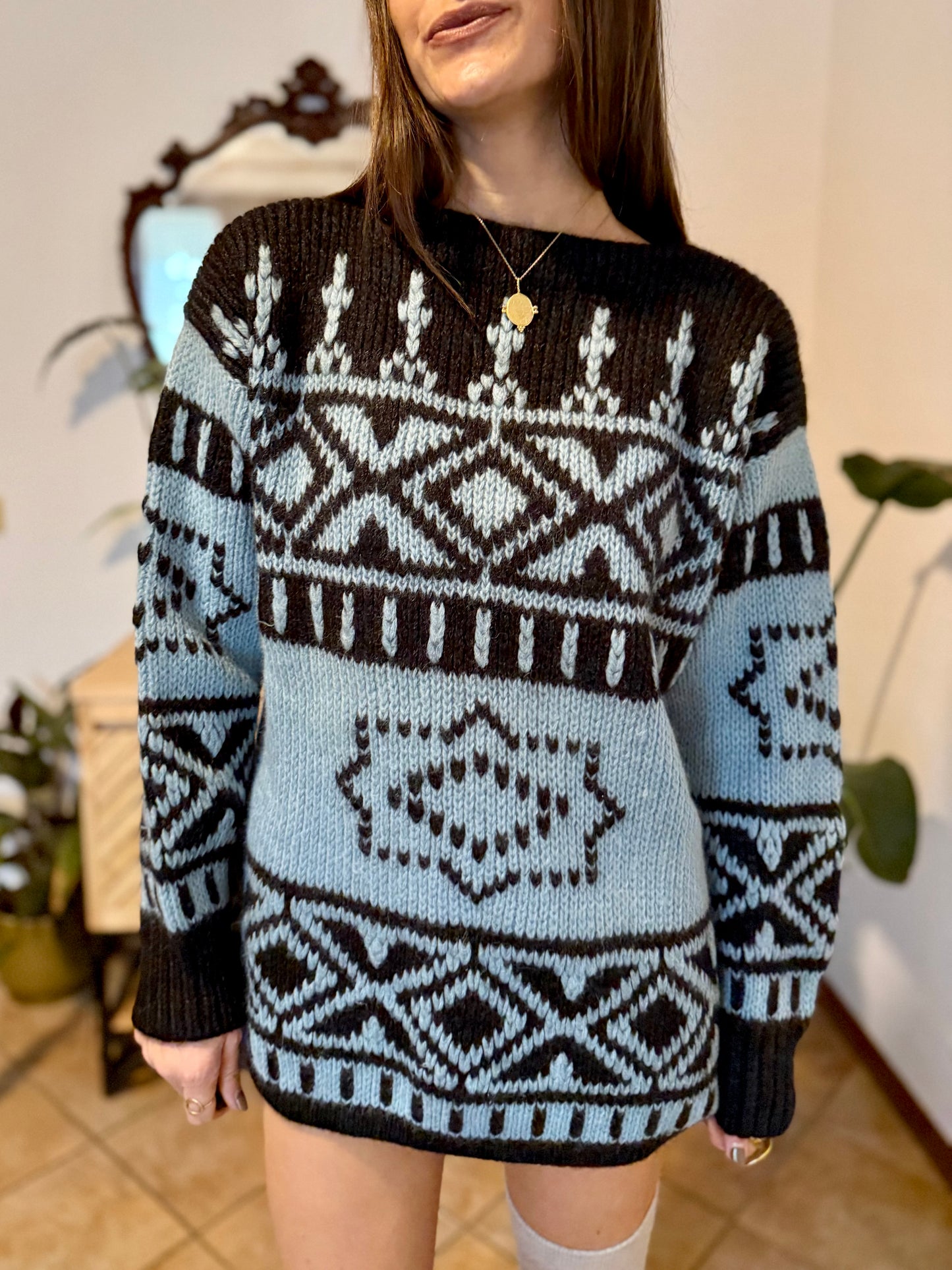 1970's vintage hand knit charcoal grey and light blue geometric pullover