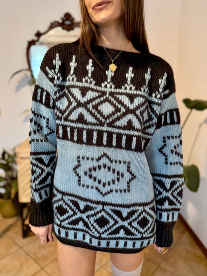 1970's vintage hand knit charcoal grey and light blue geometric pullover