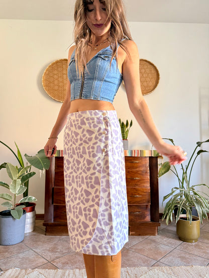 1970's vintage lilac and cream raw silk animal printed midi skirt