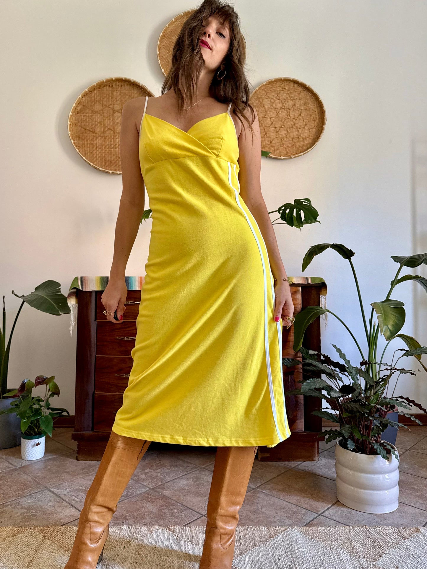1990’s vintage canary yellow woven cotton midi dress with white stripe detailing
