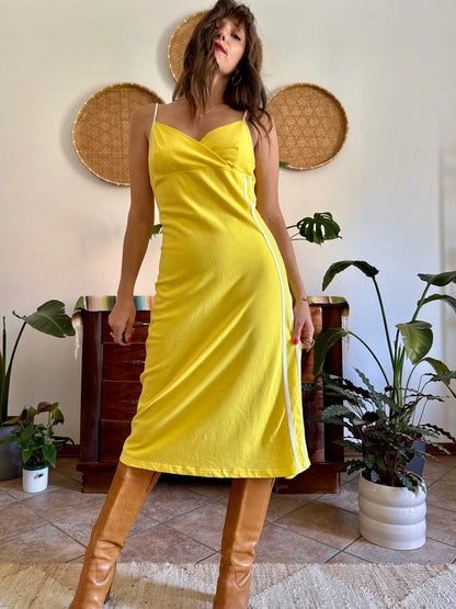 1990’s vintage canary yellow woven cotton midi dress with white stripe detailing