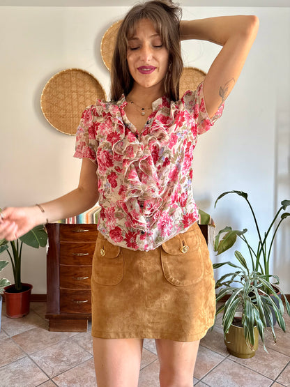 Y2K vintage pink floral ruffle silk blouse
