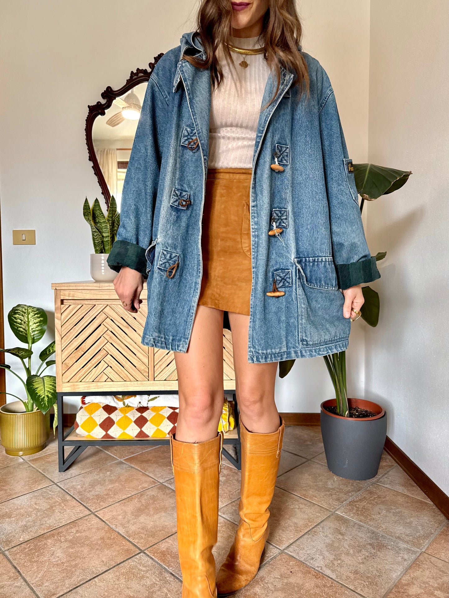 1990’s vintage denim duffle coat with green and navy plaid lining