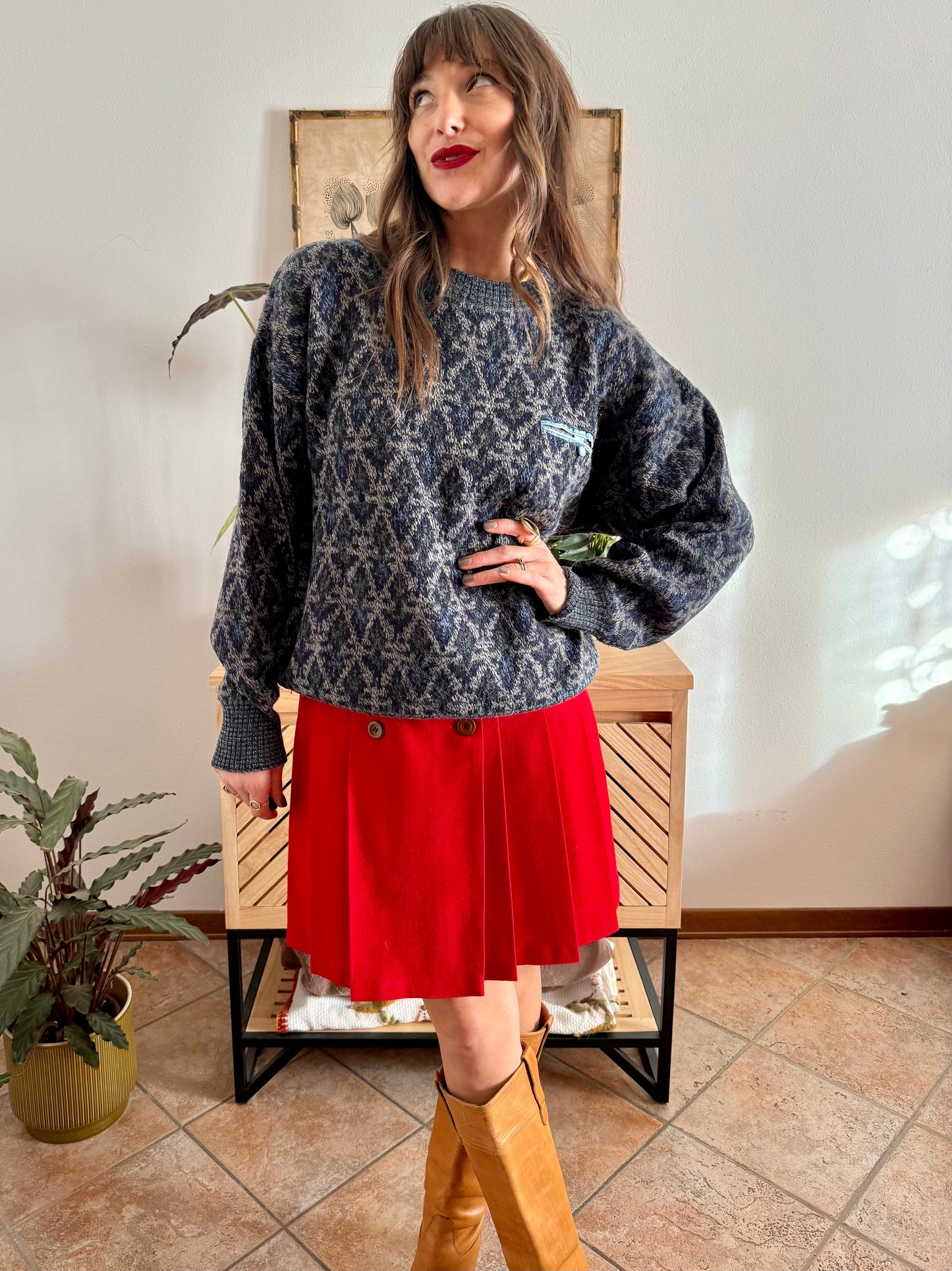 1970's grey wool pullover with blue geometric knit pattern and pocket detail