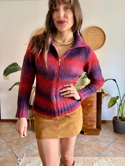 1990’s vintage purple and fucsia double zip mock neck wool cardigan