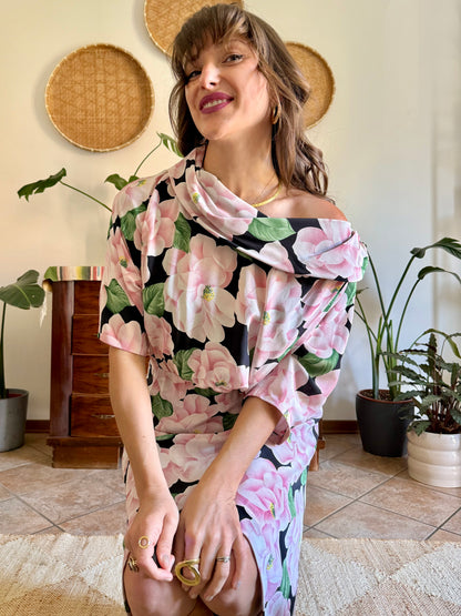 1960’s vintage pink, green and black silk floral print dress