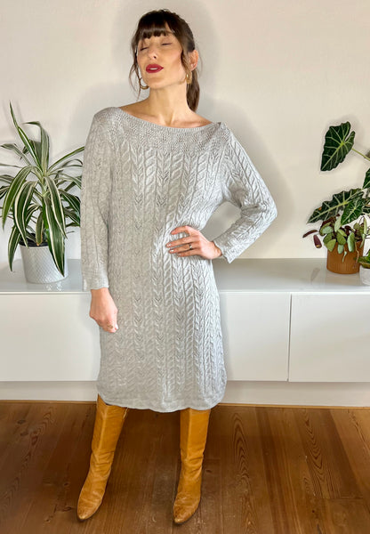 1990's vintage grey wool cable knit midi dress