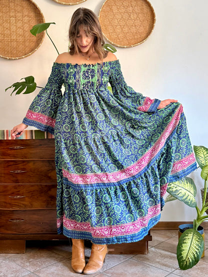 1970’s vintage green, blue and pink silk floral prairie maxi dress with bell sleeves