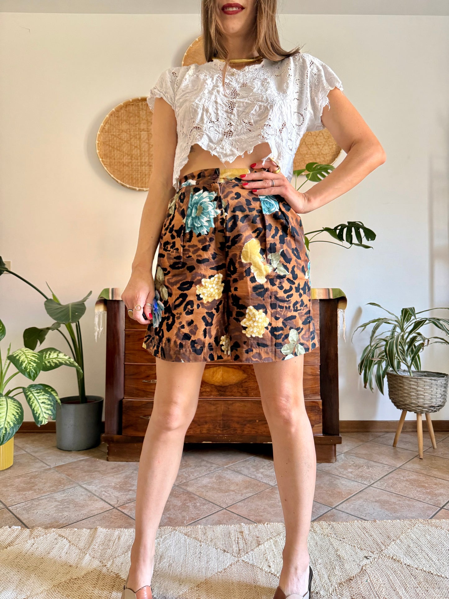 1980’s vintage leopard and floral print pleated front shorts
