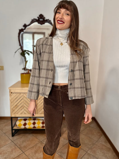 1970's vintage brown and cream plaid cropped blazer